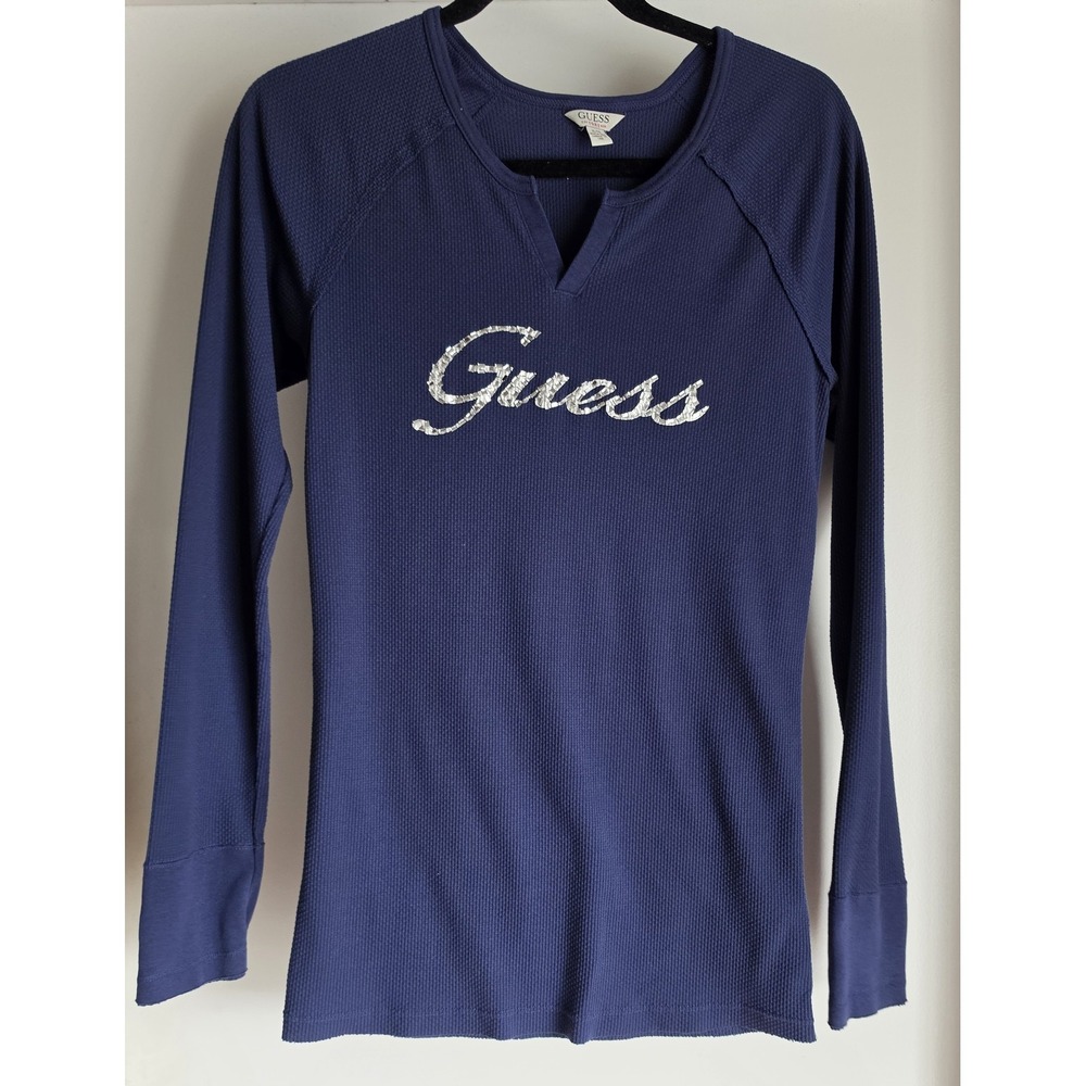 Guess XL Navy Blue Waffle Knit Thermal Top - Sparkle Script Logo - Y2K